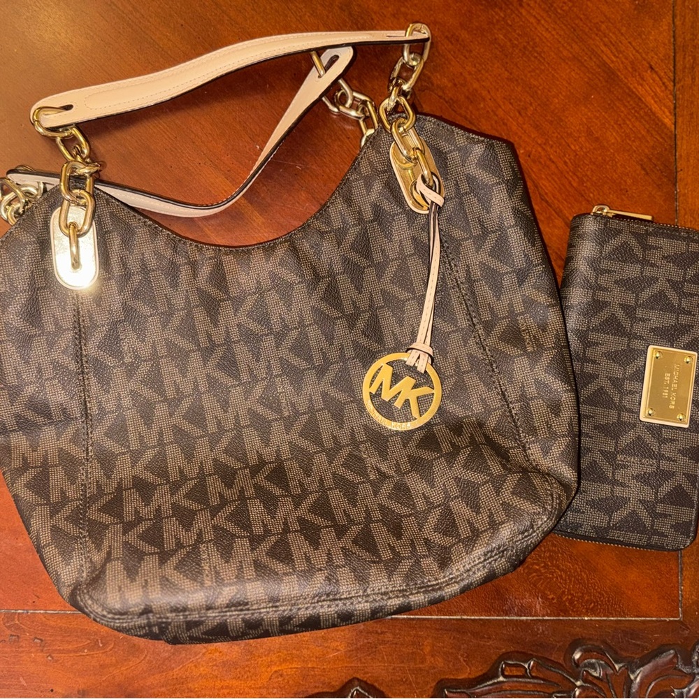 Michael Kors Brown Signature Shoulder Bag and Wallet with Gold Accents